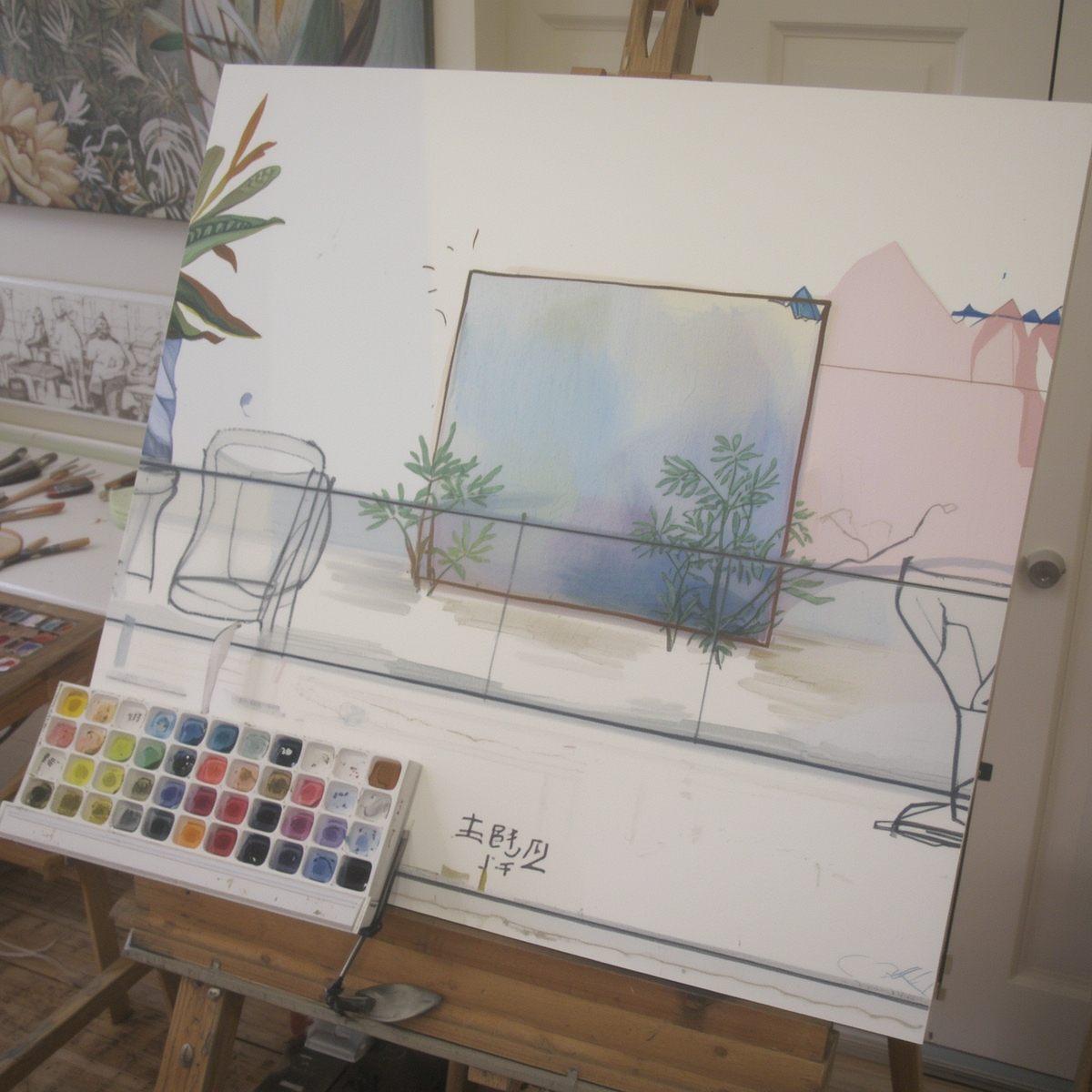 Art supplies and materials arranged on table